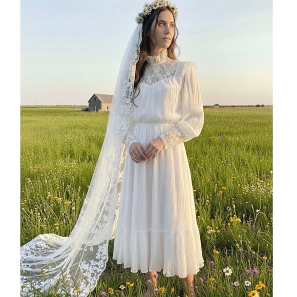 Act 1 New York Dresses & Skirts - Vtg 80s Cream Lace Bridal Prairie Dress SZ 13-14 Victorian Romantic Cottagecore